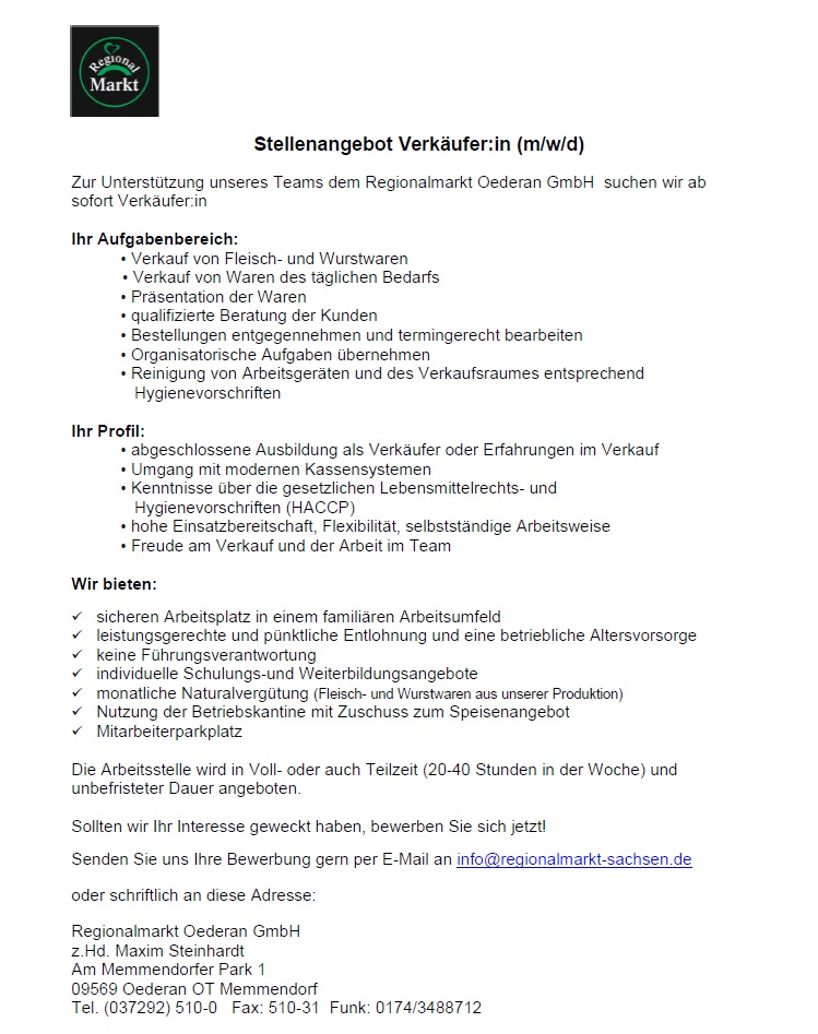 Stellenangebote Regional Markt Oederan Regionale Lebensmittel aus